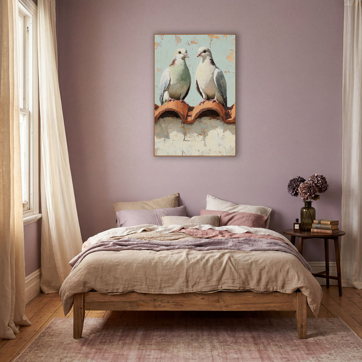 Pair of Doves Rooftop Bohemian wall art in a warm boho-style room – two doves facing each other on terracotta roof