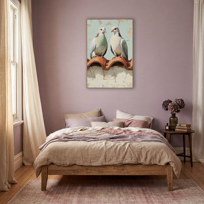 Pair of Doves Rooftop Bohemian wall art in a warm boho-style room – two doves facing each other on terracotta roof