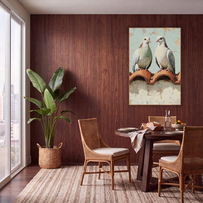 Pair of Doves Rooftop Bohemian wall art in a warm boho-style room – two doves facing each other on terracotta roof