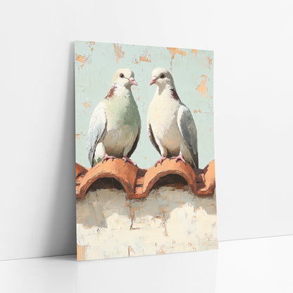 Pair of Doves Rooftop Bohemian art print leaning against a white wall – two doves facing each other on terracotta roof tiles