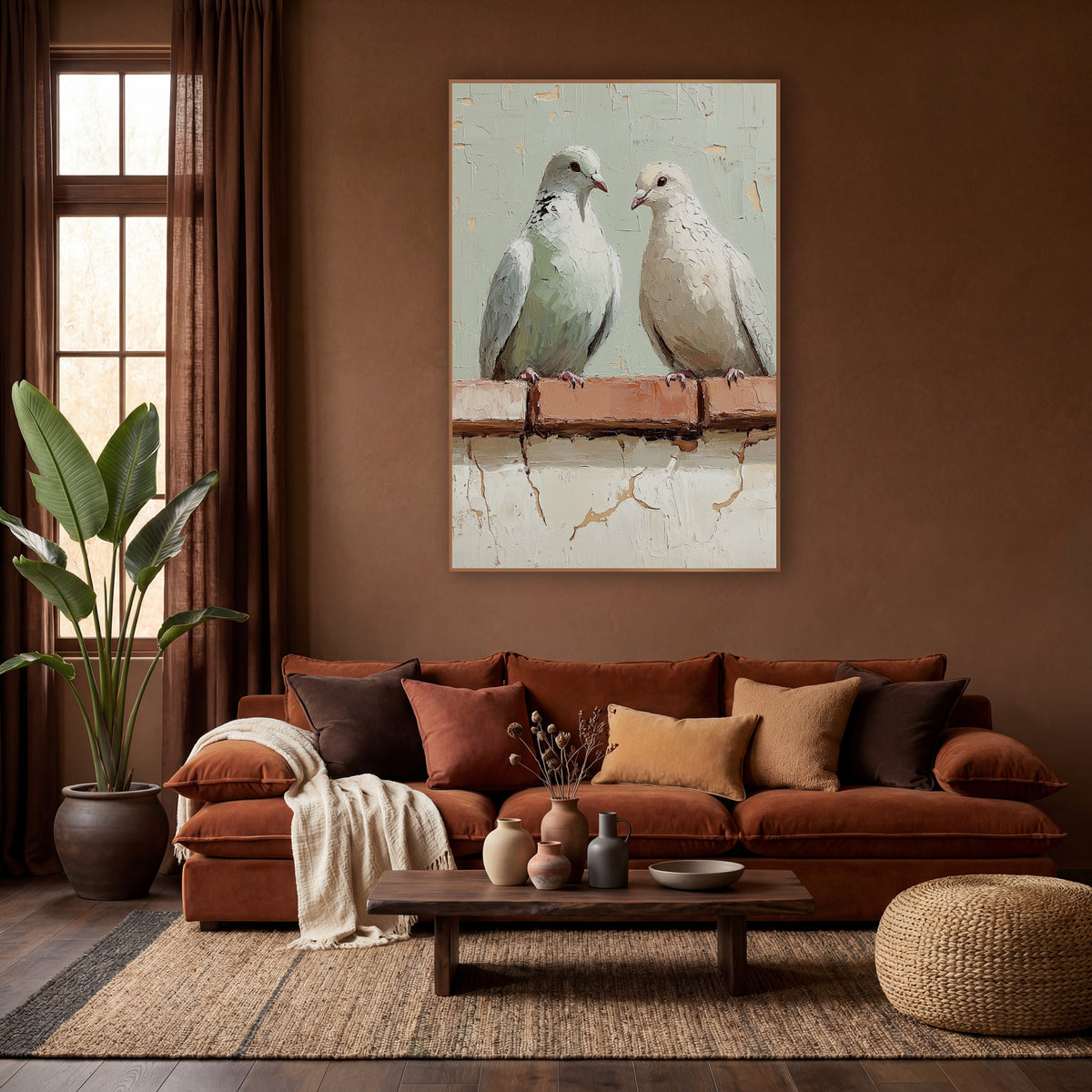Sage Dove Pair Bohemian wall art in a warm boho-style room – two pale doves perched on a terracotta brick ledge