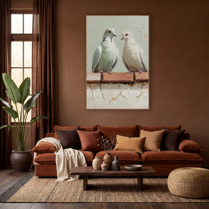 Sage Dove Pair Bohemian wall art in a warm boho-style room – two pale doves perched on a terracotta brick ledge