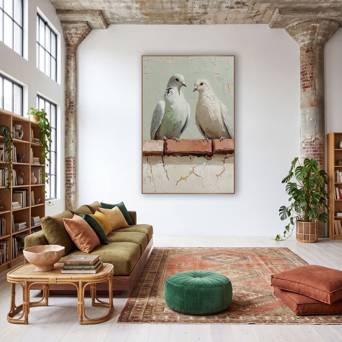 Sage Dove Pair Bohemian wall art in a warm boho-style room – two pale doves perched on a terracotta brick ledge