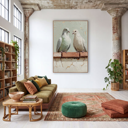 Sage Dove Pair Bohemian wall art in a warm boho-style room – two pale doves perched on a terracotta brick ledge