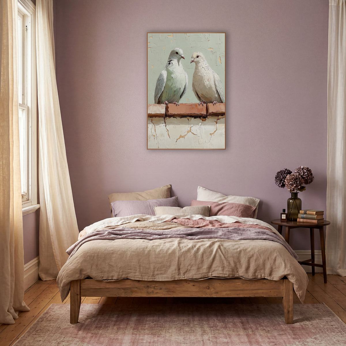 Sage Dove Pair Bohemian wall art in a warm boho-style room – two pale doves perched on a terracotta brick ledge
