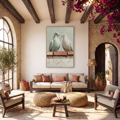 Sage Dove Pair Bohemian wall art in a warm boho-style room – two pale doves perched on a terracotta brick ledge