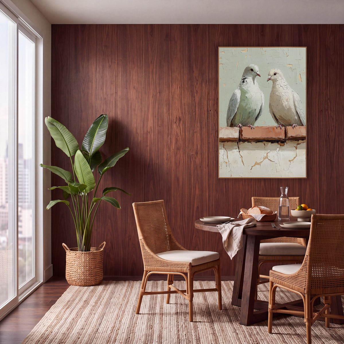 Sage Dove Pair Bohemian wall art in a warm boho-style room – two pale doves perched on a terracotta brick ledge