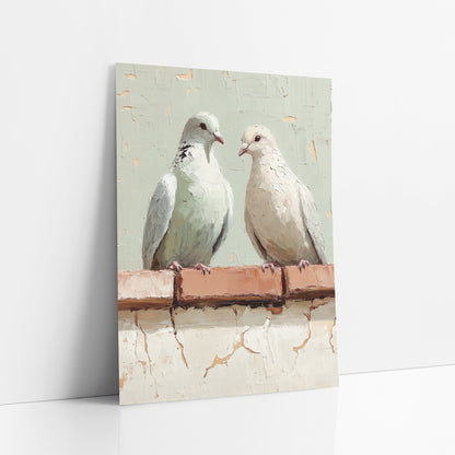 Sage Dove Pair Bohemian art print leaning against a white wall – two pale doves perched on a terracotta brick ledge in front
