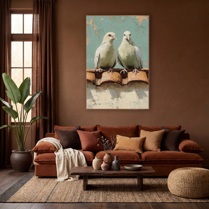 Cream Doves Terracotta Tiles Boho wall art in a warm boho-style room – two cream doves perched on terracotta roof