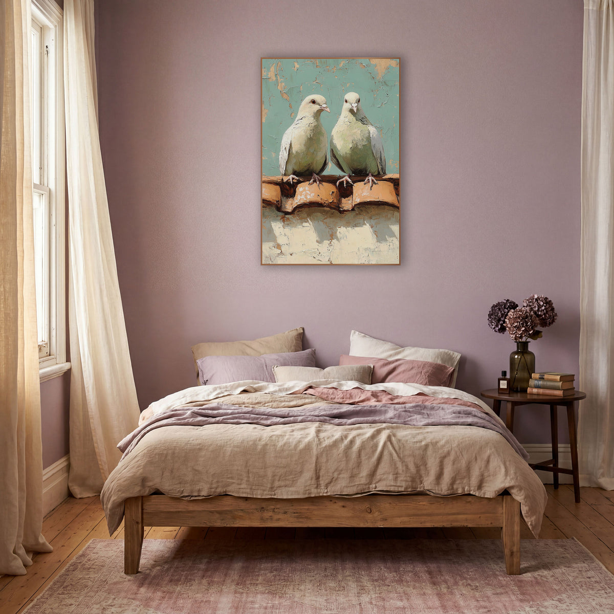 Cream Doves Terracotta Tiles Boho wall art in a warm boho-style room – two cream doves perched on terracotta roof