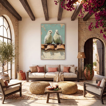 Cream Doves Terracotta Tiles Boho wall art in a warm boho-style room – two cream doves perched on terracotta roof
