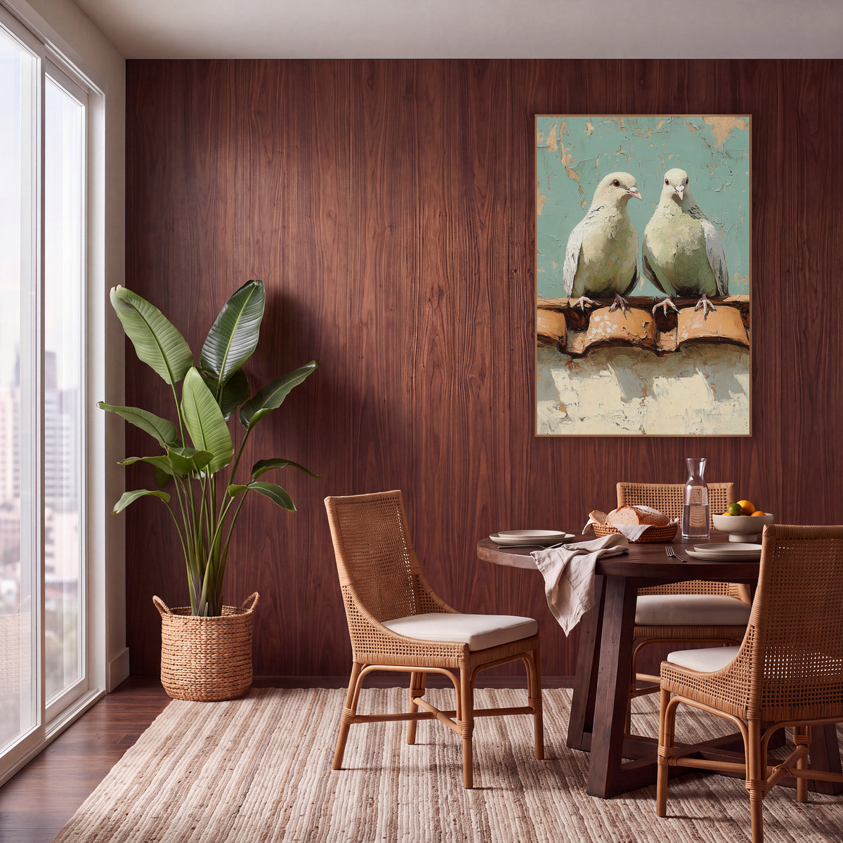 Cream Doves Terracotta Tiles Boho wall art in a warm boho-style room – two cream doves perched on terracotta roof