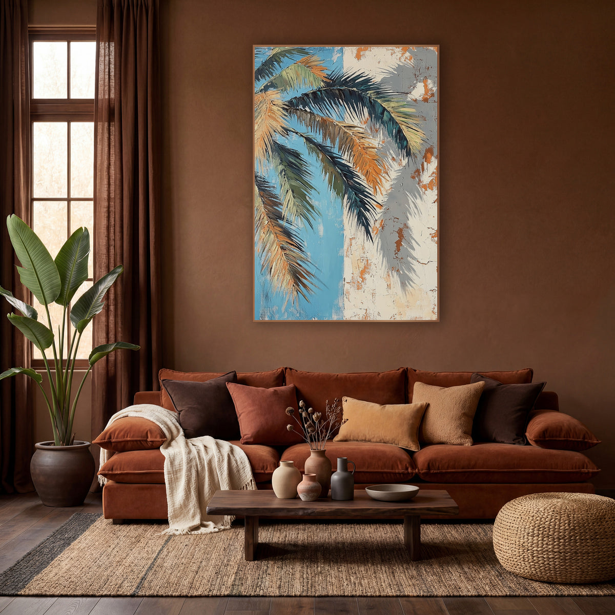 Peach Palm Fronds Blue Plaster wall art in a warm boho-style room – palm fronds in teal, green and apricot