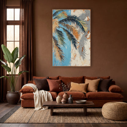 Peach Palm Fronds Blue Plaster wall art in a warm boho-style room – palm fronds in teal, green and apricot