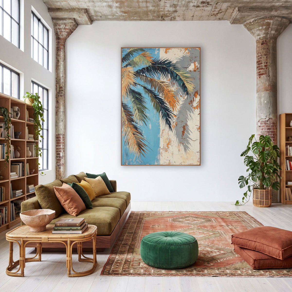 Peach Palm Fronds Blue Plaster wall art in a warm boho-style room – palm fronds in teal, green and apricot