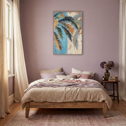 Peach Palm Fronds Blue Plaster wall art in a warm boho-style room – palm fronds in teal, green and apricot