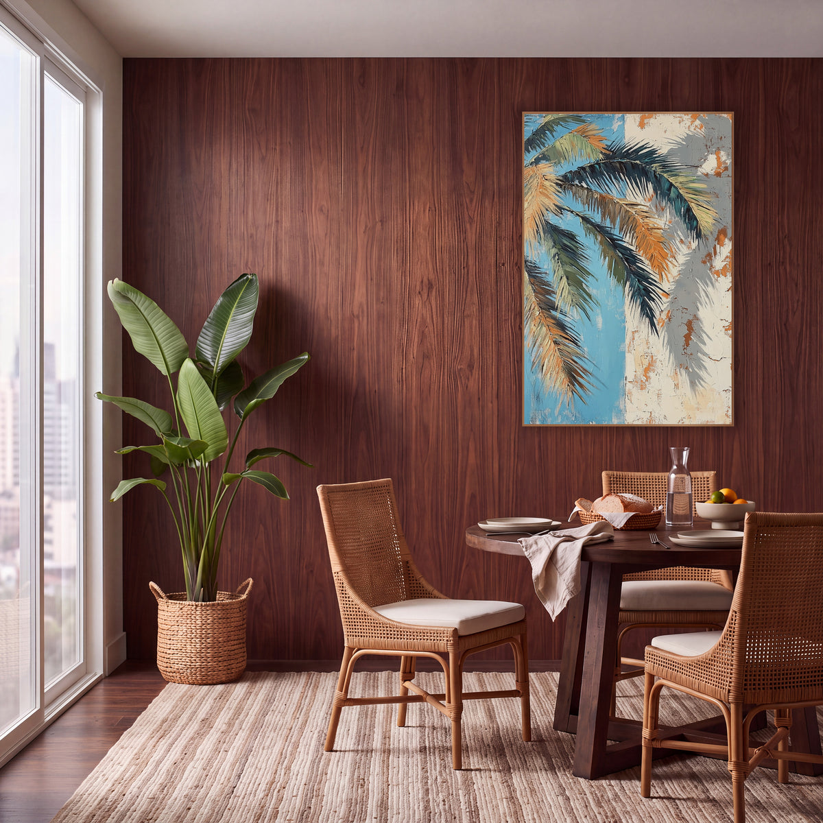 Peach Palm Fronds Blue Plaster wall art in a warm boho-style room – palm fronds in teal, green and apricot