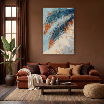 Sunlit Teal Palm Fronds Boho wall art in a warm boho-style room – two teal and navy palm fronds with orange tips