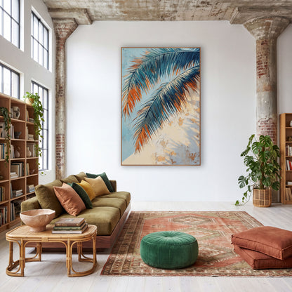 Sunlit Teal Palm Fronds Boho wall art in a warm boho-style room – two teal and navy palm fronds with orange tips
