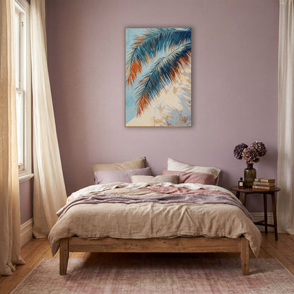 Sunlit Teal Palm Fronds Boho wall art in a warm boho-style room – two teal and navy palm fronds with orange tips