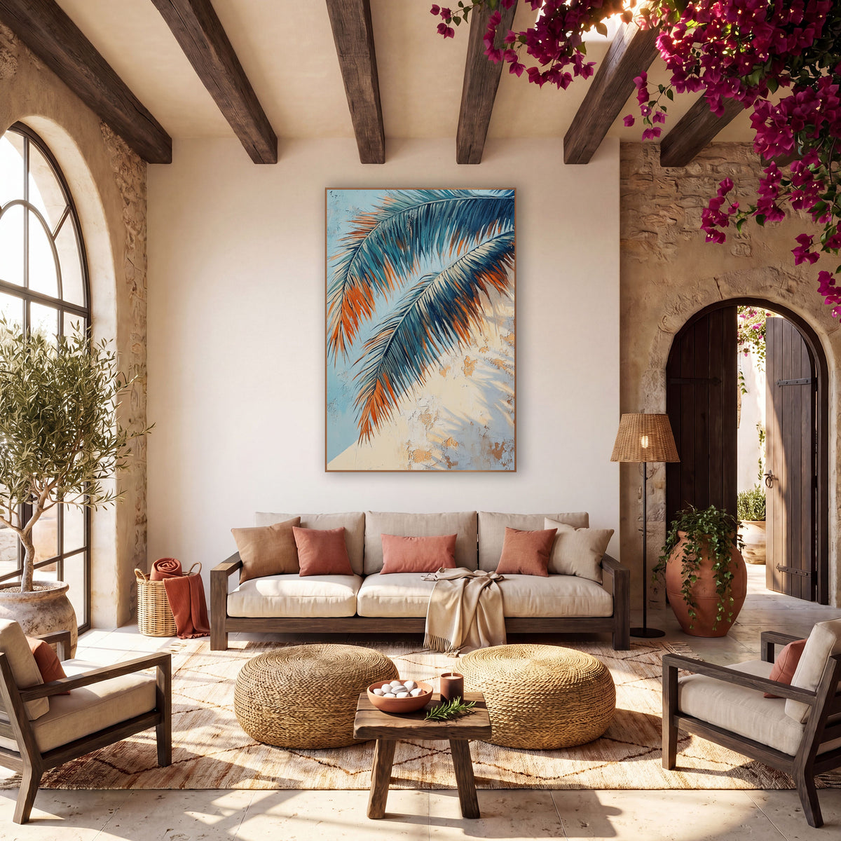 Sunlit Teal Palm Fronds Boho wall art in a warm boho-style room – two teal and navy palm fronds with orange tips