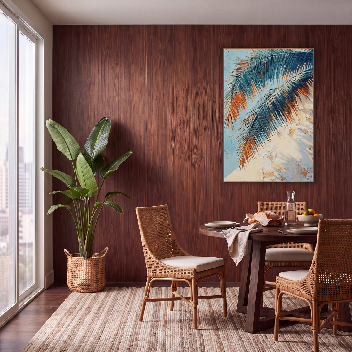 Sunlit Teal Palm Fronds Boho wall art in a warm boho-style room – two teal and navy palm fronds with orange tips