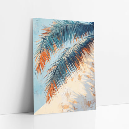 Sunlit Teal Palm Fronds Boho art print leaning against a white wall – two teal and navy palm fronds with orange tips arching
