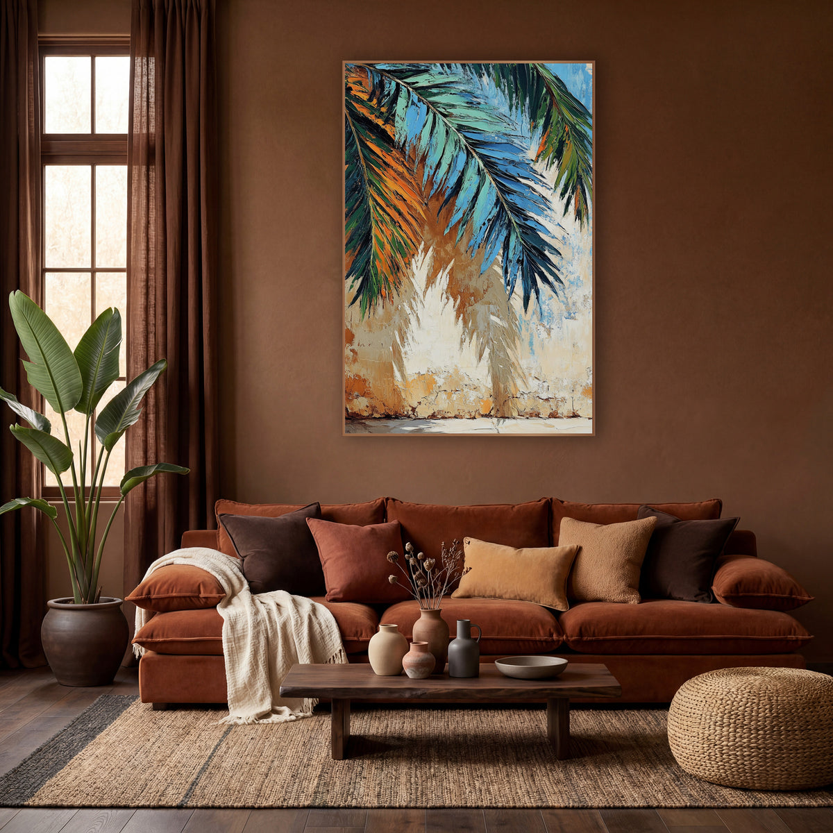 Teal Palm Fronds Boho Sunroom wall art in a warm boho-style room – teal, blue and green palm fronds hanging