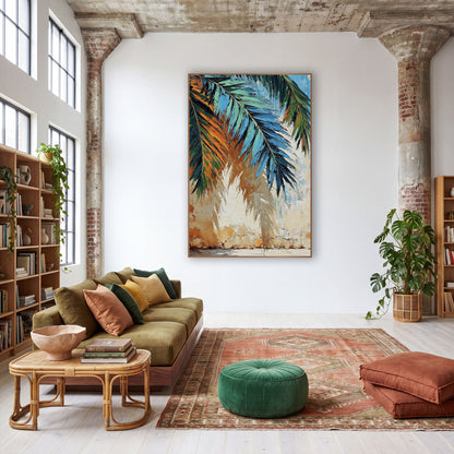 Teal Palm Fronds Boho Sunroom wall art in a warm boho-style room – teal, blue and green palm fronds hanging