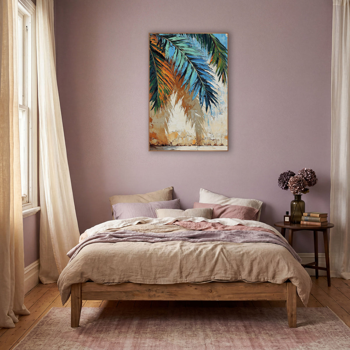Teal Palm Fronds Boho Sunroom wall art in a warm boho-style room – teal, blue and green palm fronds hanging