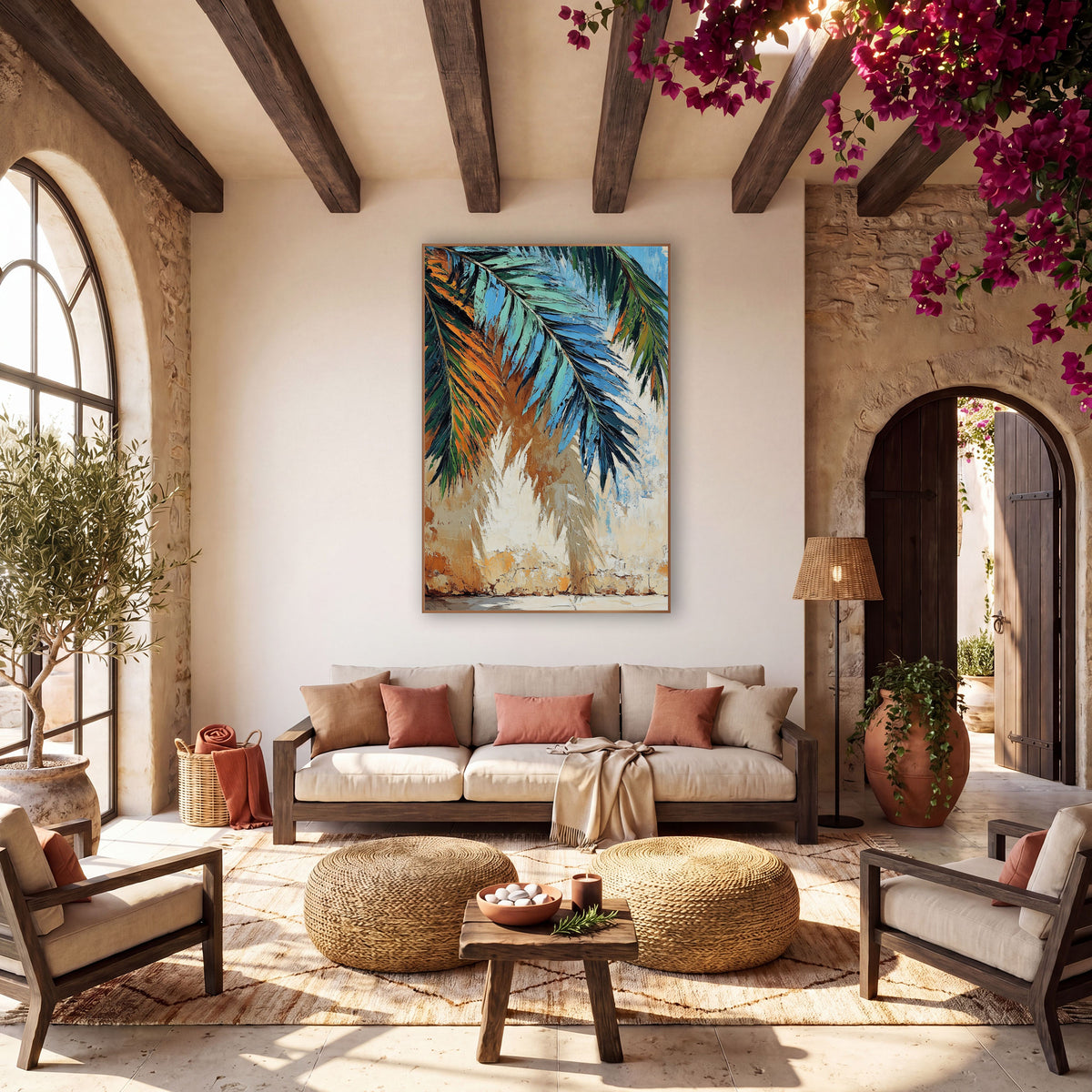 Teal Palm Fronds Boho Sunroom wall art in a warm boho-style room – teal, blue and green palm fronds hanging