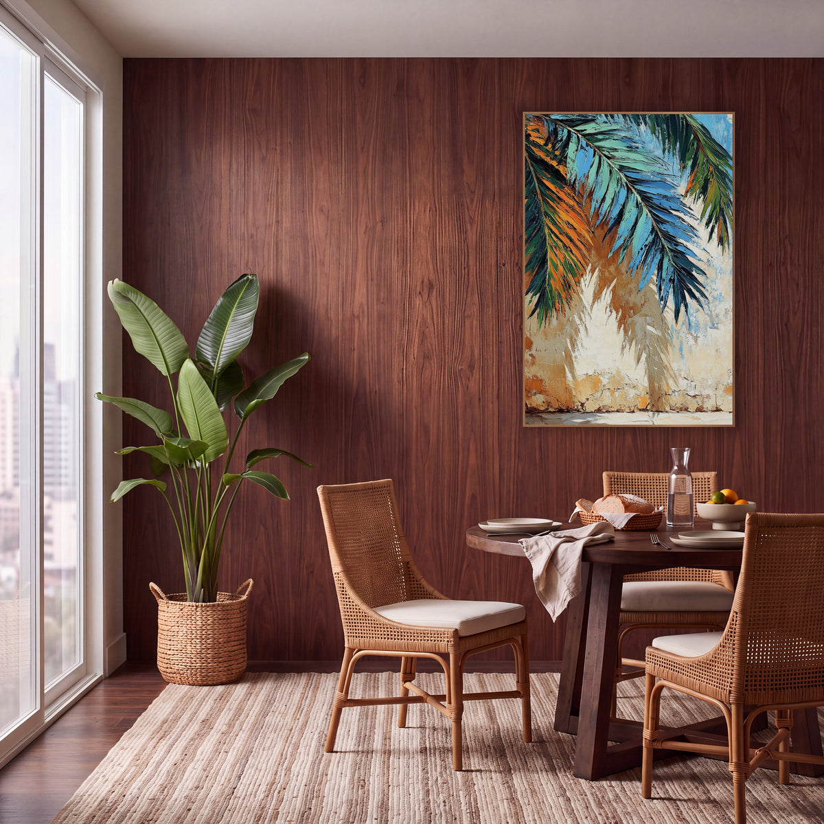 Teal Palm Fronds Boho Sunroom wall art in a warm boho-style room – teal, blue and green palm fronds hanging