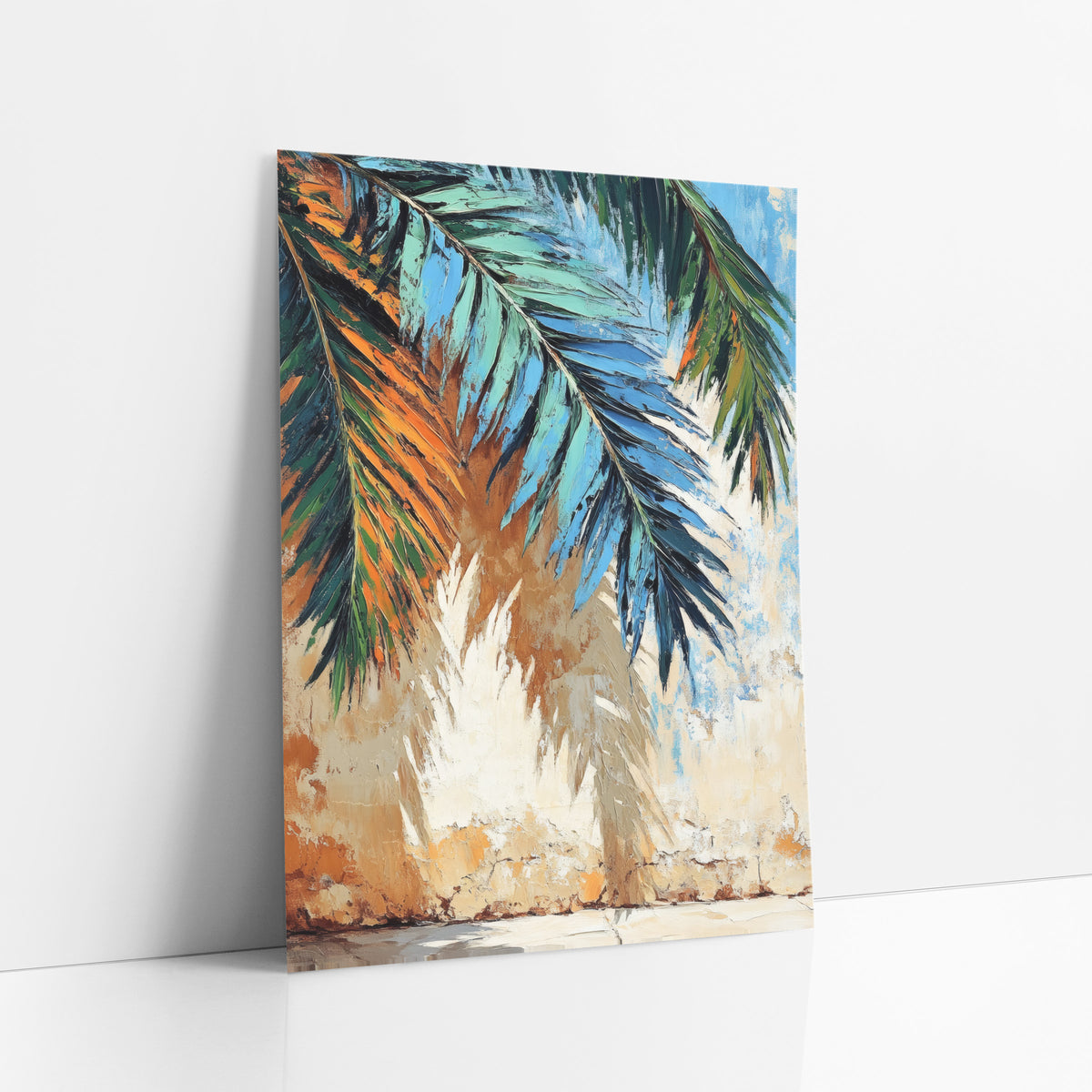 Teal Palm Fronds Boho Sunroom art print leaning against a white wall – teal, blue and green palm fronds hanging over a worn