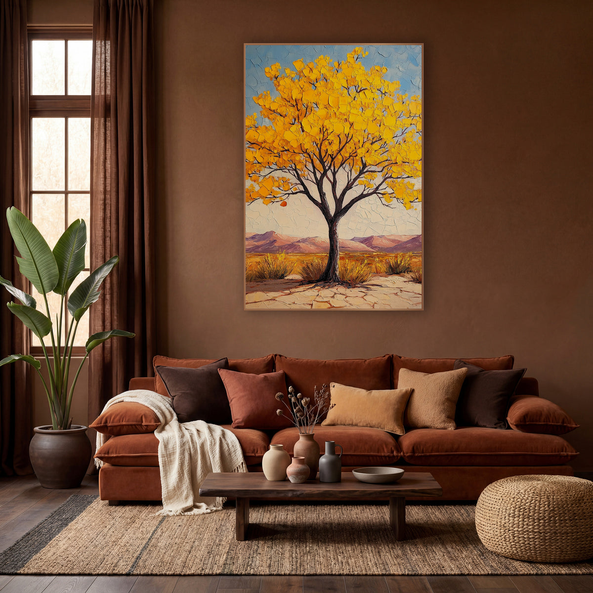 Lone Golden Tree Cracked Earth wall art in a warm boho-style room – palo verde tree with golden yellow blossoms