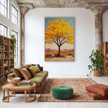 Lone Golden Tree Cracked Earth wall art in a warm boho-style room – palo verde tree with golden yellow blossoms