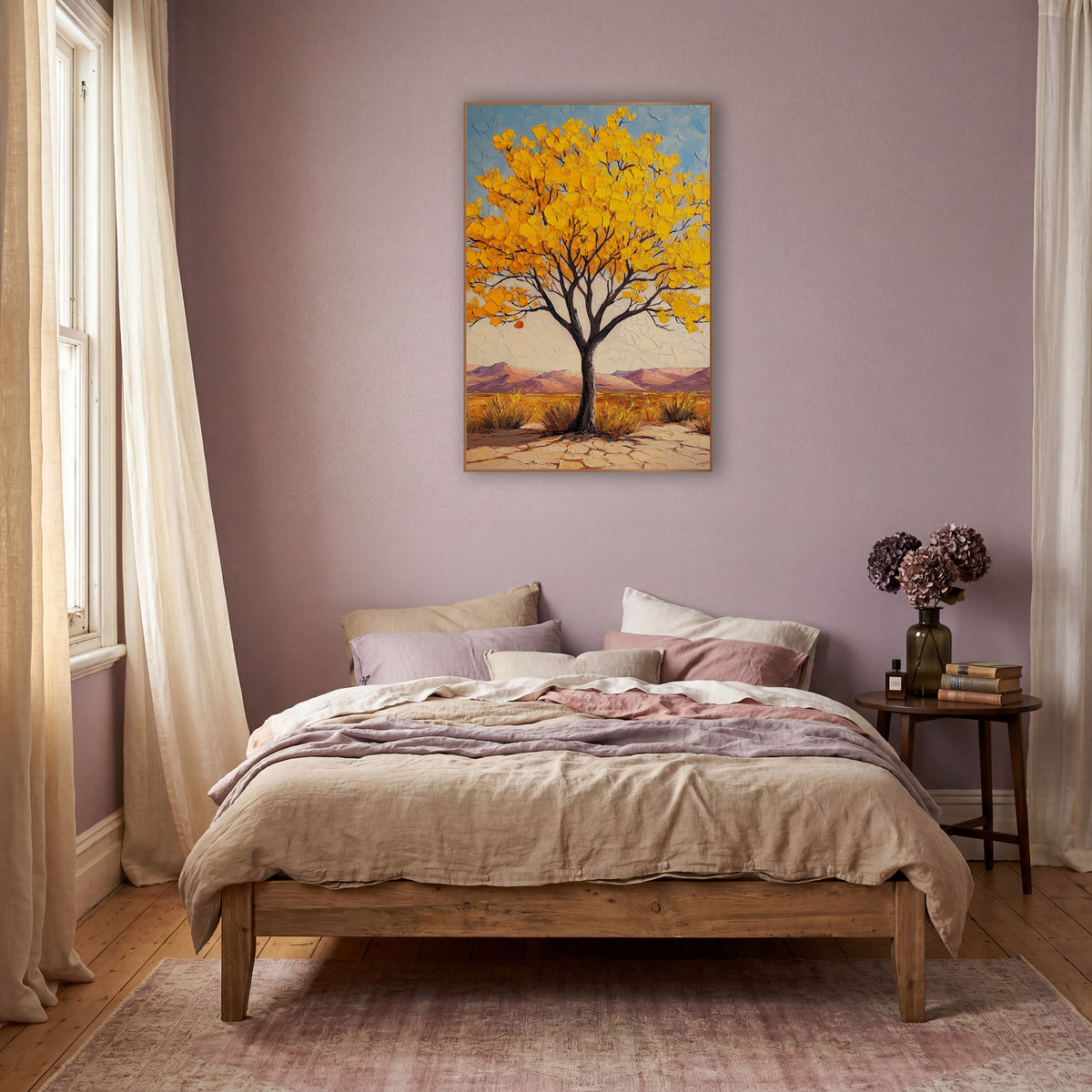 Lone Golden Tree Cracked Earth wall art in a warm boho-style room – palo verde tree with golden yellow blossoms