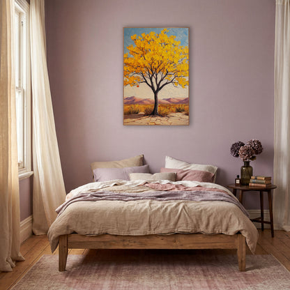Lone Golden Tree Cracked Earth wall art in a warm boho-style room – palo verde tree with golden yellow blossoms