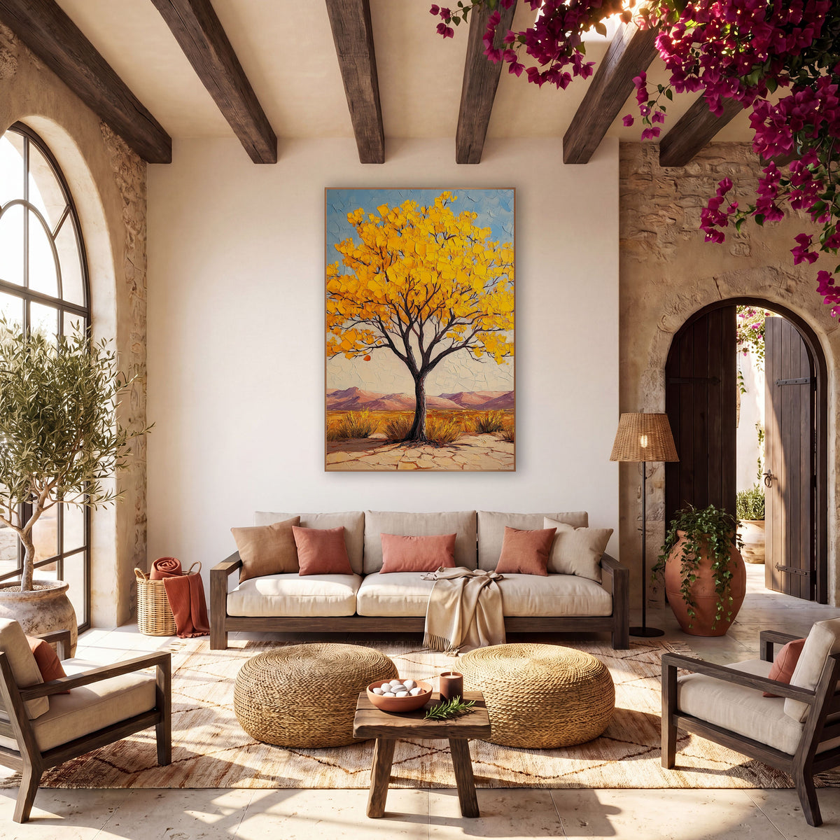 Lone Golden Tree Cracked Earth wall art in a warm boho-style room – palo verde tree with golden yellow blossoms