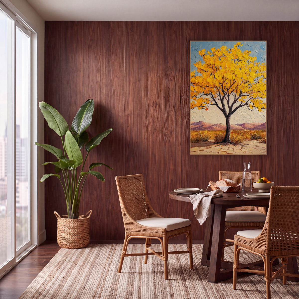 Lone Golden Tree Cracked Earth wall art in a warm boho-style room – palo verde tree with golden yellow blossoms