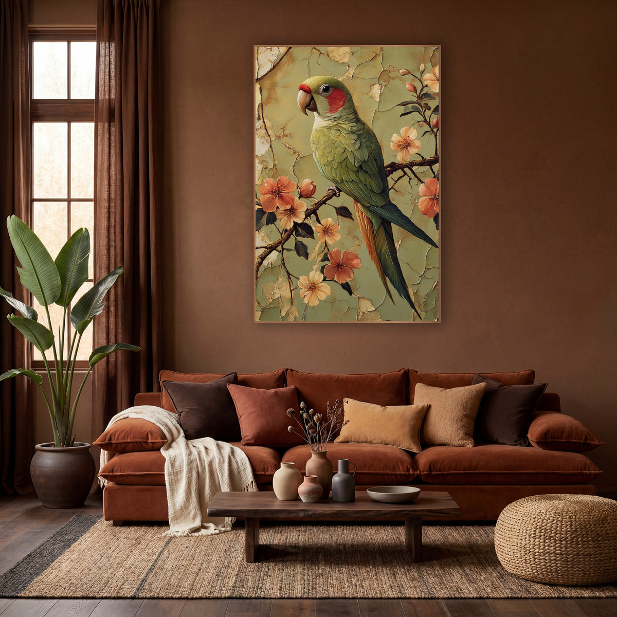 Sage Parrot Peach Blossoms Boho wall art in a warm boho-style room – green parrot with red cheek perched on a branch
