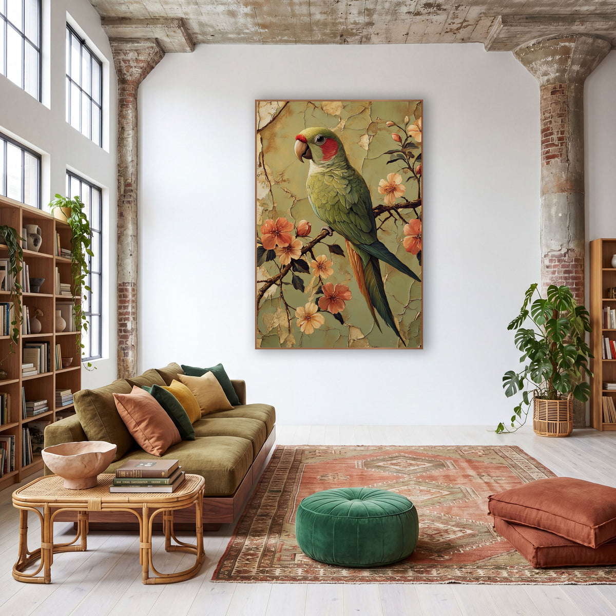 Sage Parrot Peach Blossoms Boho wall art in a warm boho-style room – green parrot with red cheek perched on a branch