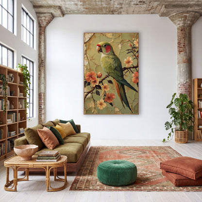 Sage Parrot Peach Blossoms Boho wall art in a warm boho-style room – green parrot with red cheek perched on a branch