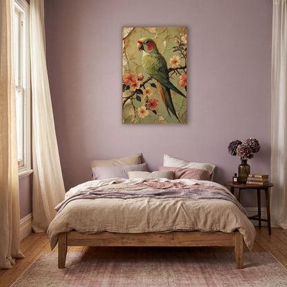 Sage Parrot Peach Blossoms Boho wall art in a warm boho-style room – green parrot with red cheek perched on a branch
