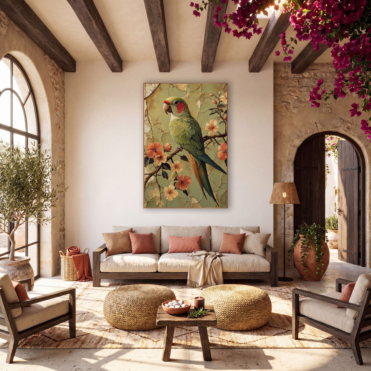 Sage Parrot Peach Blossoms Boho wall art in a warm boho-style room – green parrot with red cheek perched on a branch