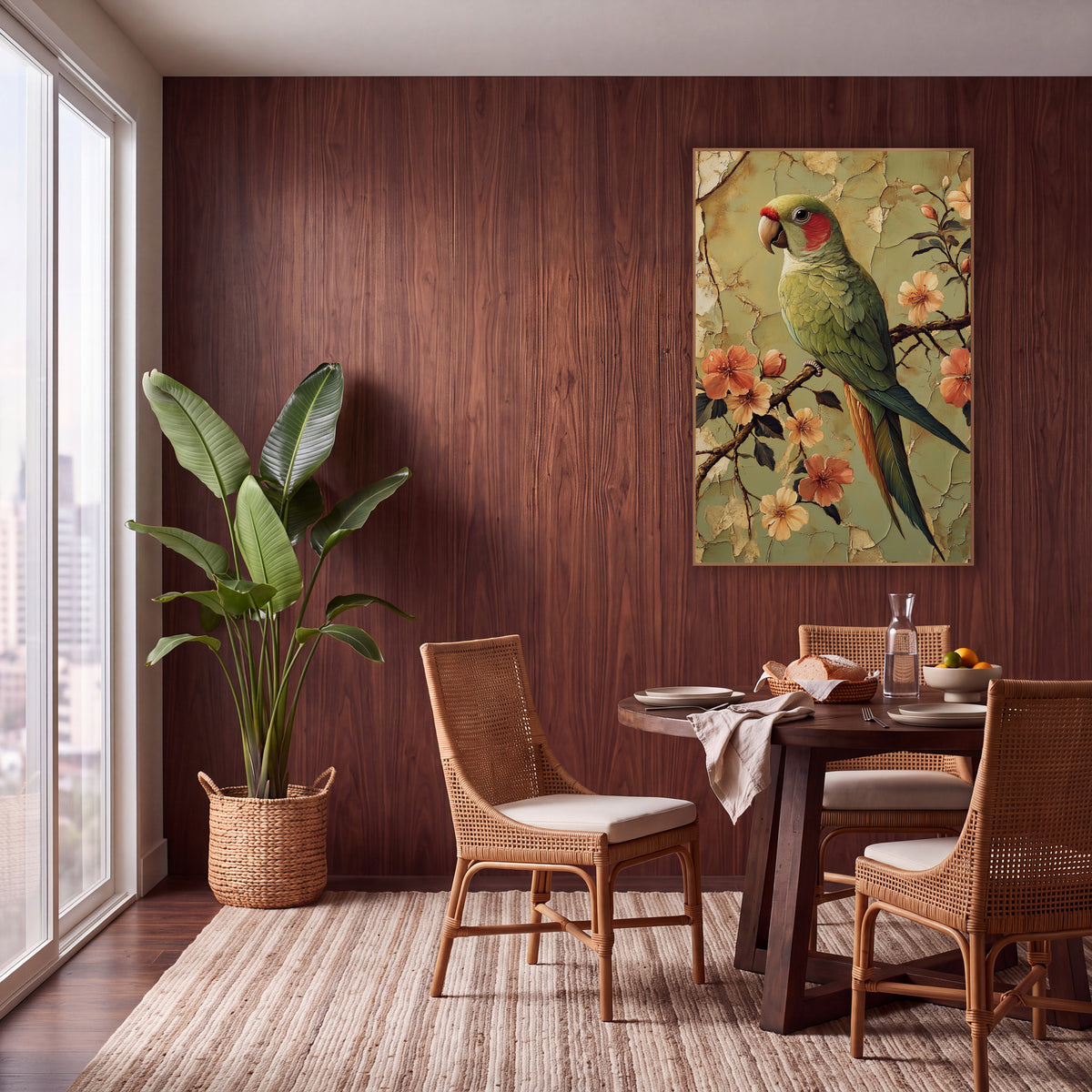 Sage Parrot Peach Blossoms Boho wall art in a warm boho-style room – green parrot with red cheek perched on a branch