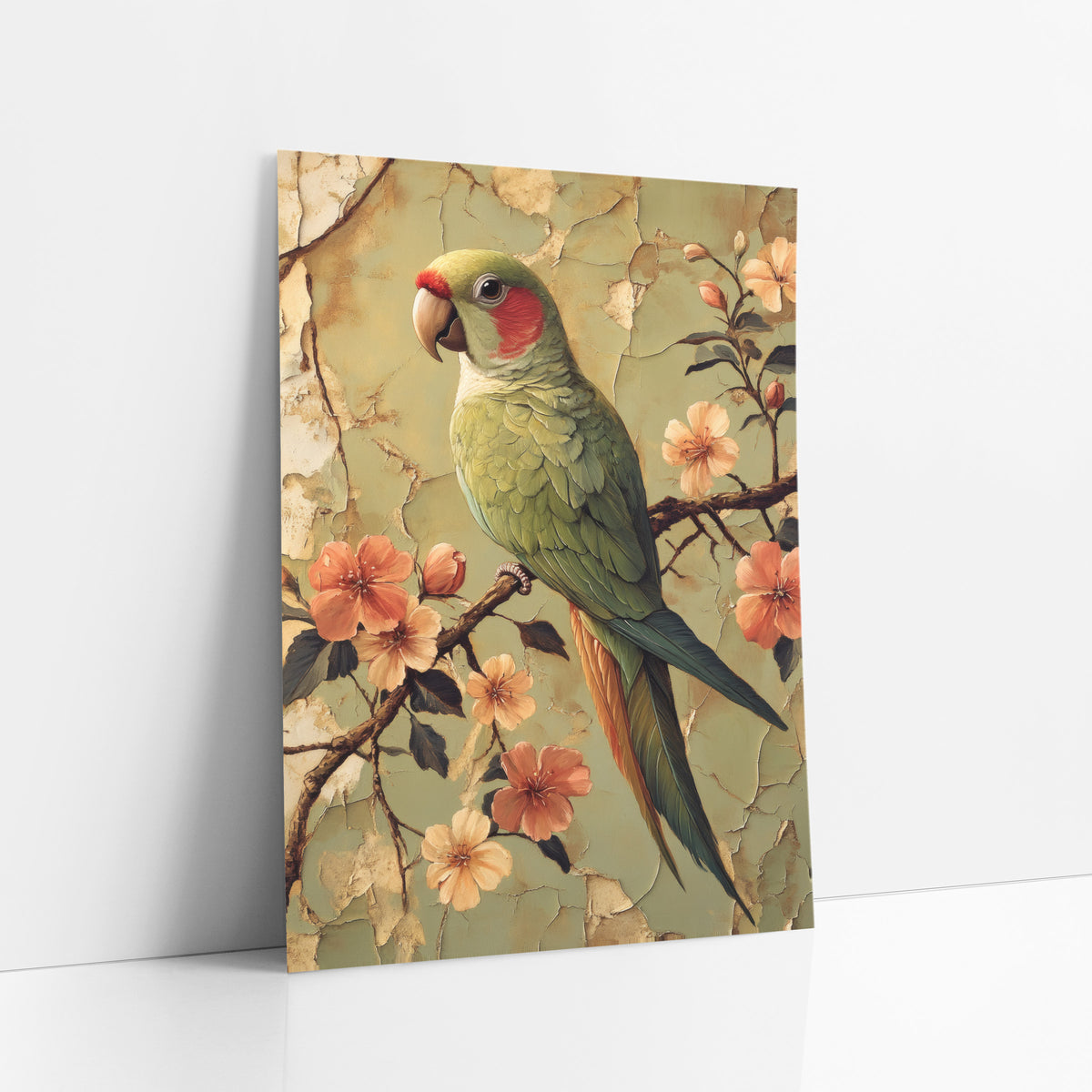 Sage Parrot Peach Blossoms Boho art print leaning against a white wall – green parrot with red cheek perched on a branch