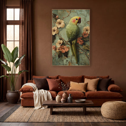 Sage Parrot Blossom Boho Bird wall art in a warm boho-style room – green parrot with yellow head perched among cream