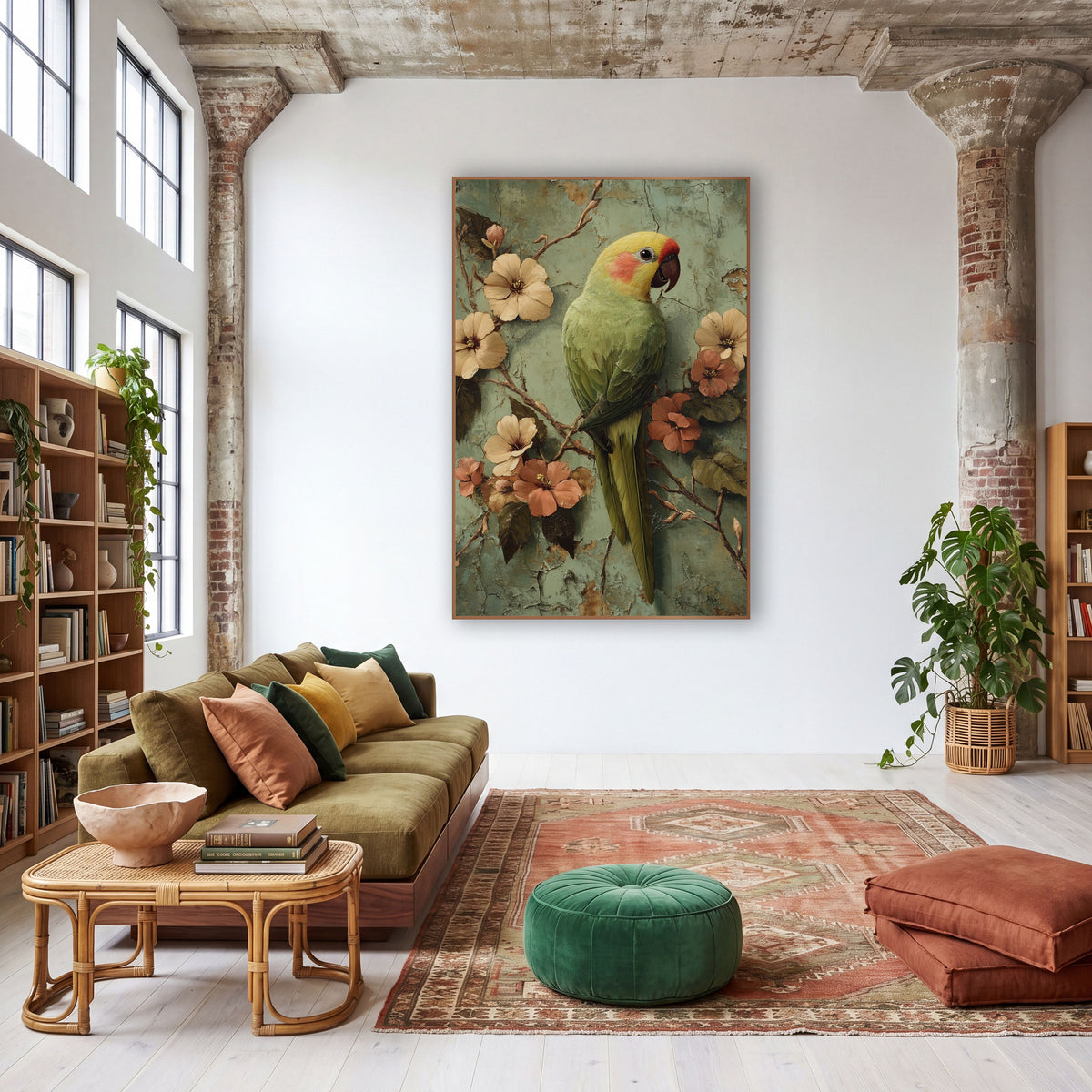 Sage Parrot Blossom Boho Bird wall art in a warm boho-style room – green parrot with yellow head perched among cream