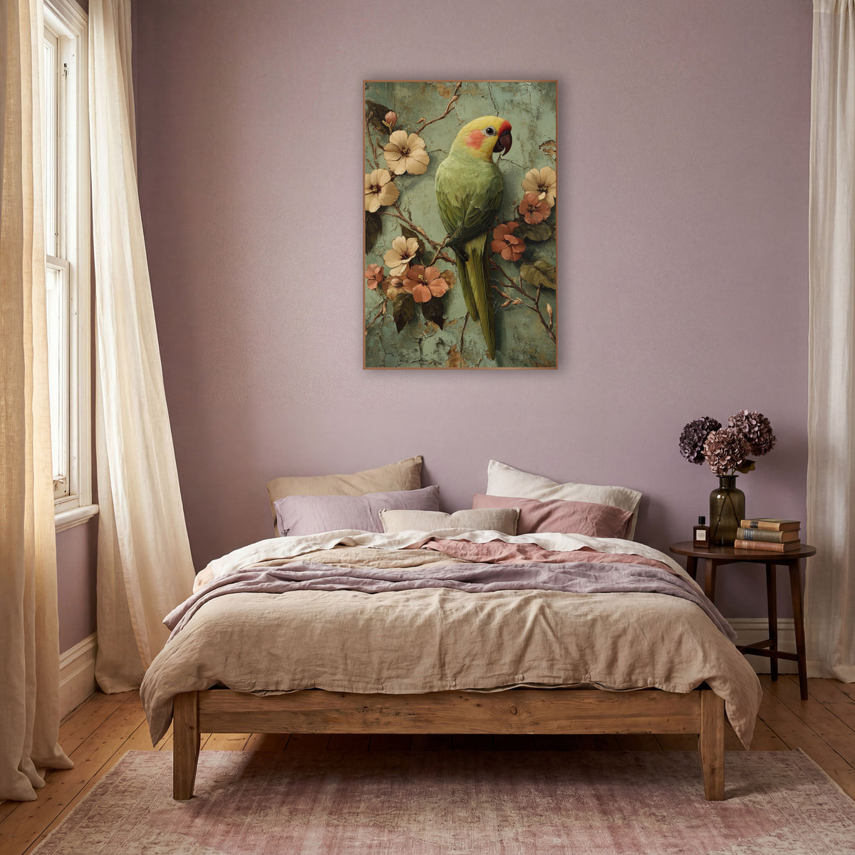 Sage Parrot Blossom Boho Bird wall art in a warm boho-style room – green parrot with yellow head perched among cream