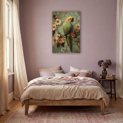 Sage Parrot Blossom Boho Bird wall art in a warm boho-style room – green parrot with yellow head perched among cream